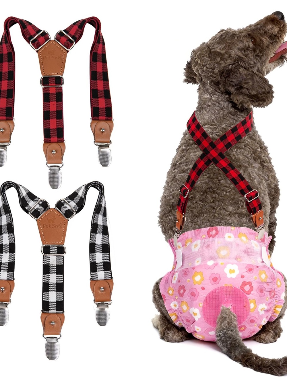 Plaid Red Kids & Pet Suspenders with Leather Accents
